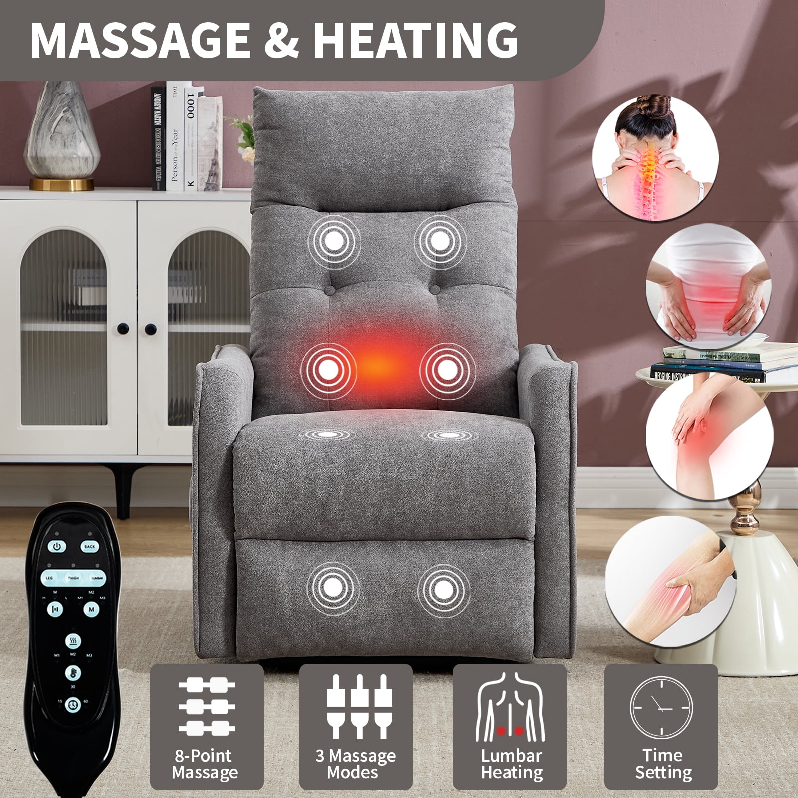 BSHTI Power Lift Recliner Chair with Massage and Heat, Single Motor 155° Recline, USB Charging Port, Chenille, Easy Assembly, Light Gray