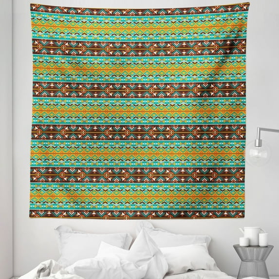 Retro Tapestry, Retro Style Tribal Aztec Motif Pattern with Geometric Details, Fabric Wall Hanging Decor for Bedroom Living Room Dorm, 5 Sizes, Brown Marigold Turquoise, by Ambesonne