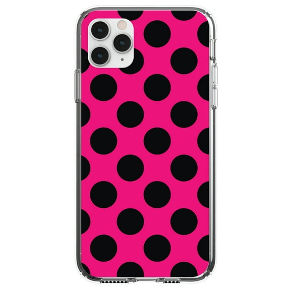 DistinctInk Clear Shockproof Hybrid Case for iPhone 12 MINI (5.4" Screen) - TPU Bumper, Acrylic Back, Tempered Glass Screen Protector - Black & Hot Pink Polka Dots