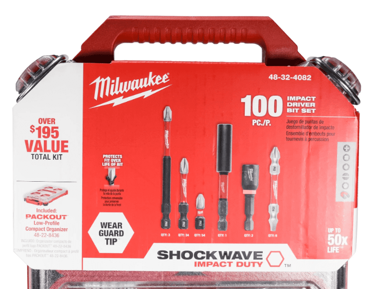 MILWAUKEE 48-32-4082 SHOCKWAVE 100-Piece Impact Duty Driver Bit Set with PACKOUT Compact Organizer – Wear Guard Tips, IP65 Rated Storage