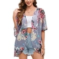 thumbnail image 2 of JYLFC Floral Print Puff Sleeve Kimono Cardigan Loose Cover Up Casual Blouse Tops Gray, L, 2 of 6