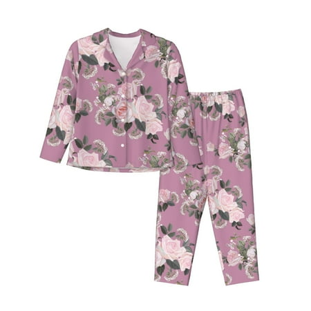 Pajamas for Women Set - Ligtt Pink Rose Flowers Comfy Long Sleeve Button Up Pajama Sets for Women 2 Piece  Soft Sleepwear Nightwear Pjs Lounge Sets for Women with Pockets