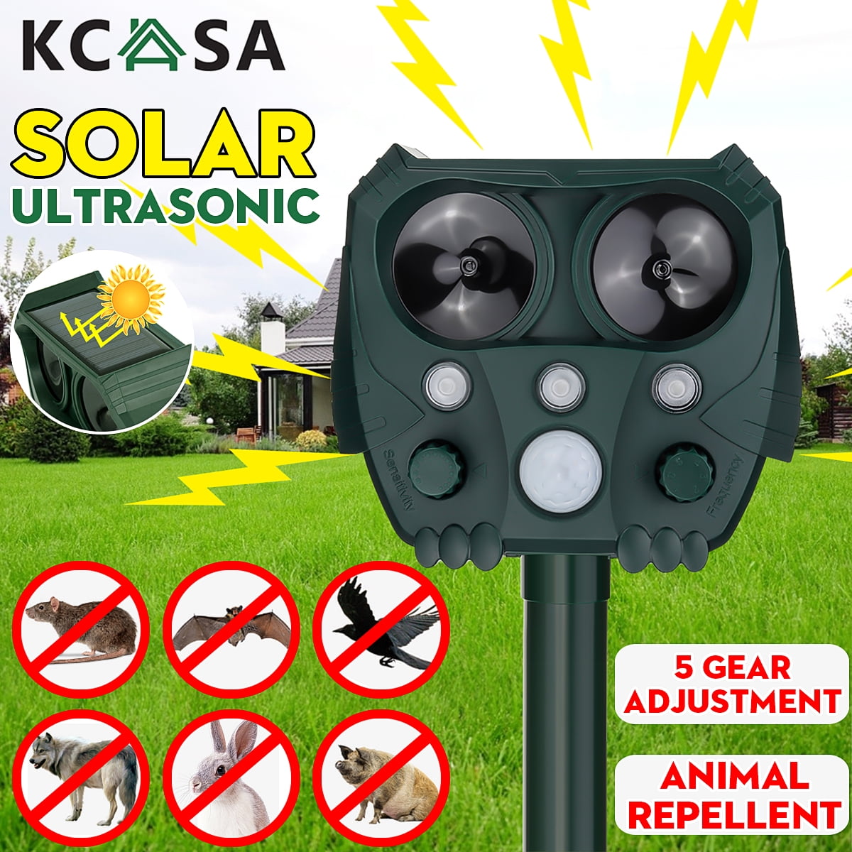 KCASA Effective Solar Battery Powered Oudoor Ultrasonic Animal and Pest Repeller Rodent, Raccoon