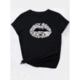 thumbnail image 3 of Women's Black Diamond Lip Print Casual Crew Neck Short Sleeve T-Shirt - Stylish Graphic Tee for Spring/Summer/Fall, Polyester Blend, Machine Washable, Ladies T Shirts, 3 of 6