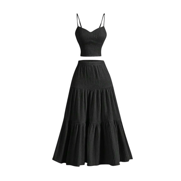 Women's 2 Piece Maxi Skirt Sets Crop Top Ruffle Hem Flowy Midi Skirt Vacation Going Out Outfits Black S