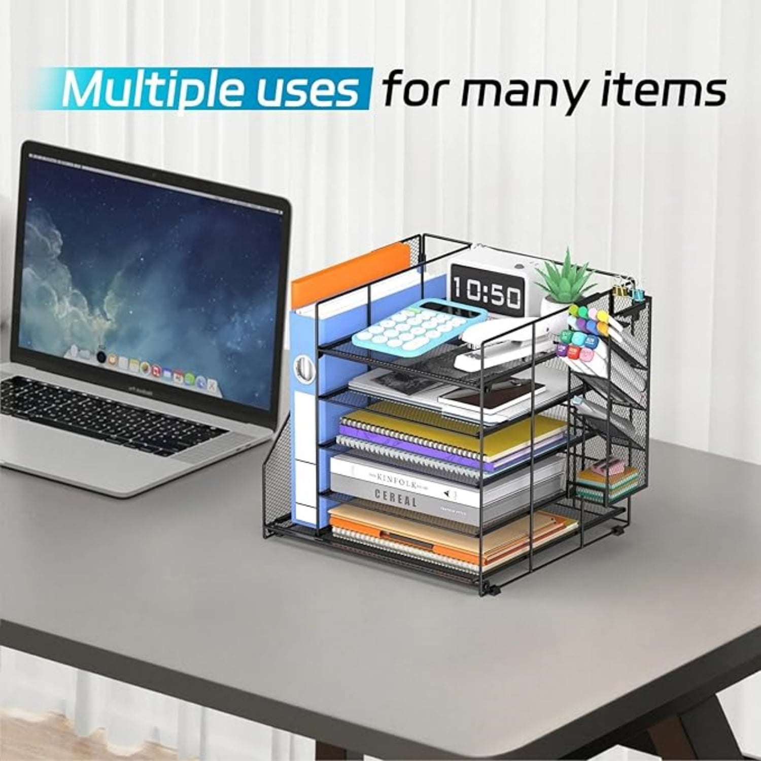 INTIGE Desk Organizer and accessories, 5-Tier Paper Organizer for Desk with Pen Holder and Magazine Holder, Paper Letter Tray for Home, Office