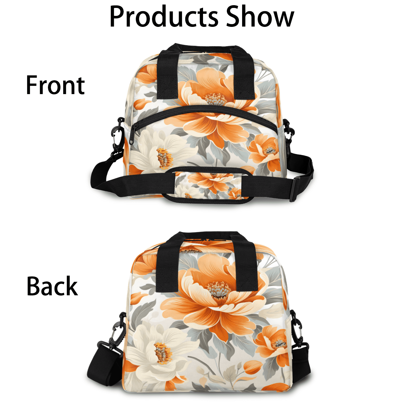 Herdesigns Floral Insulated Lunch Bag for Women Men Adults Large Reusable Lunch Box Orange White Flowers Leakproof Cooler Tote Bags with Adjustable Shoulder Strap