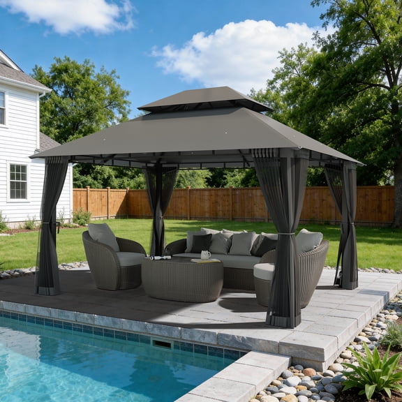 Dateyes 10x12 FT Outdoor Gazebo with Double Roof, Heavy-Duty Metal Frame Canopy  for Patio, Garden, Deck and Backyard (Gray)