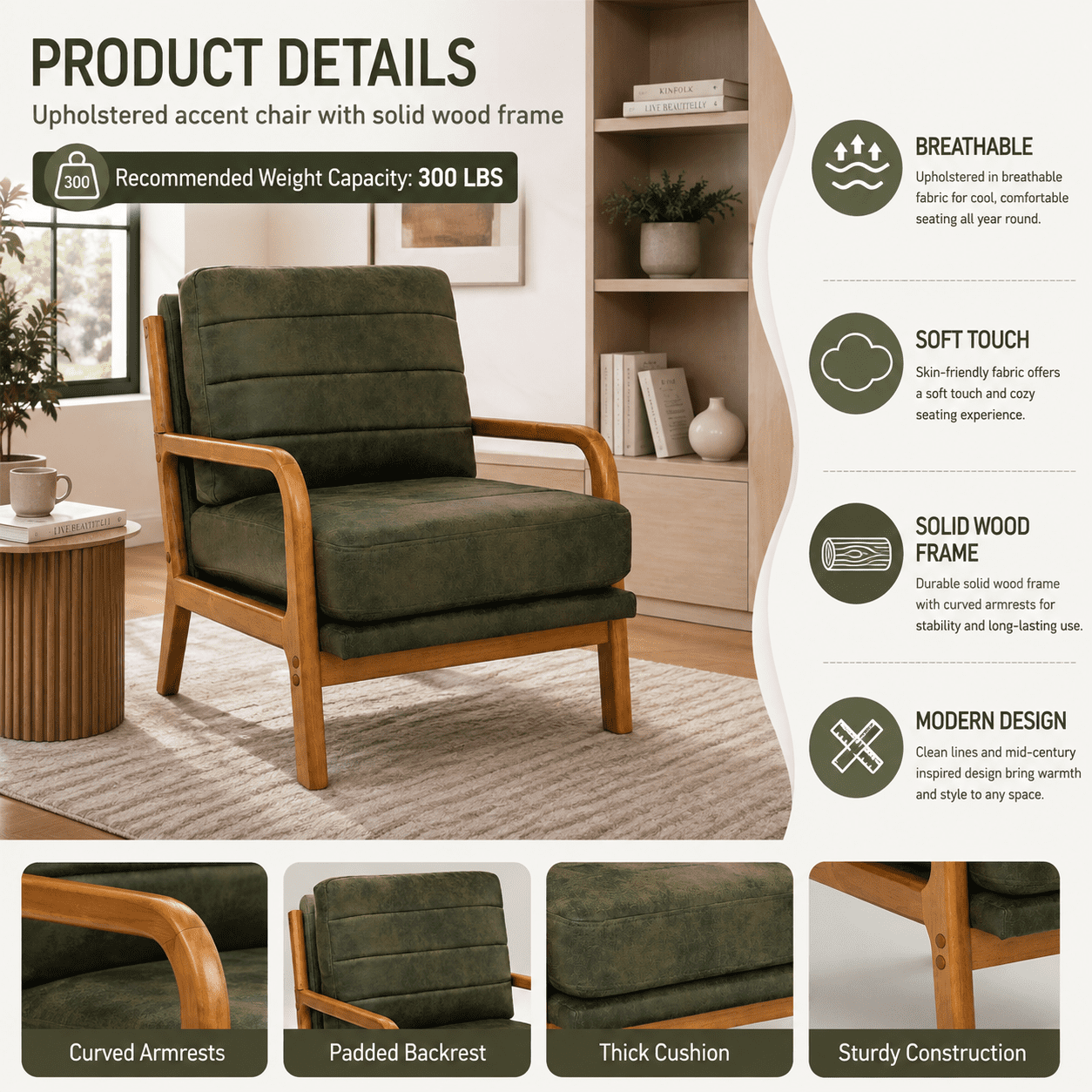 Homy Casa Mid-Century Accent Chair, Upholstered Reading Chair with Wood Frame, Olive Green