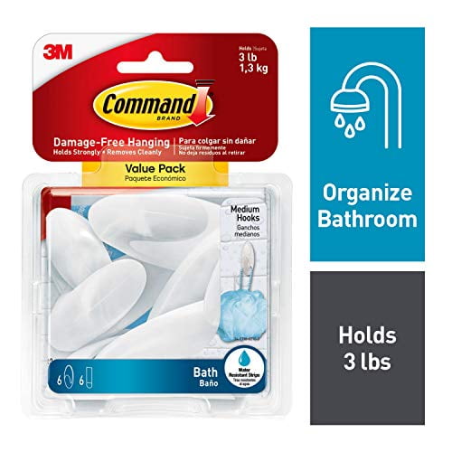 Command 076308728595 Bath Value Pack, Clear Frosted, 6-Hooks, 6-Medium  Water Resistant Strips (BATH18-6ES) 