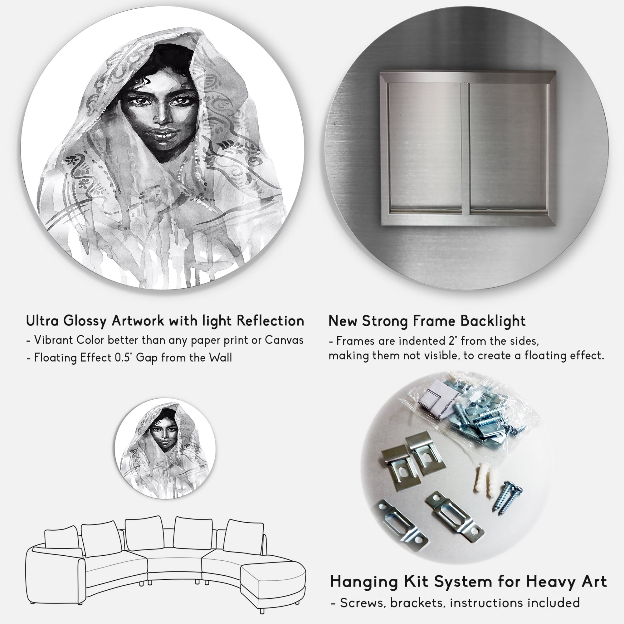 Designart 'Black and White Portrait of Young Indian Woman I' Modern Circle Metal Wall Art 36x36 - Disc of 36