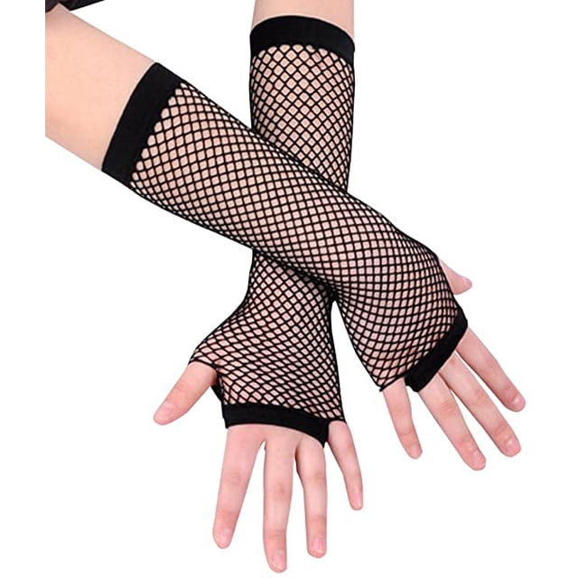 1 Pairs Long+1 Pairs Short Fishnet Gloves - Black