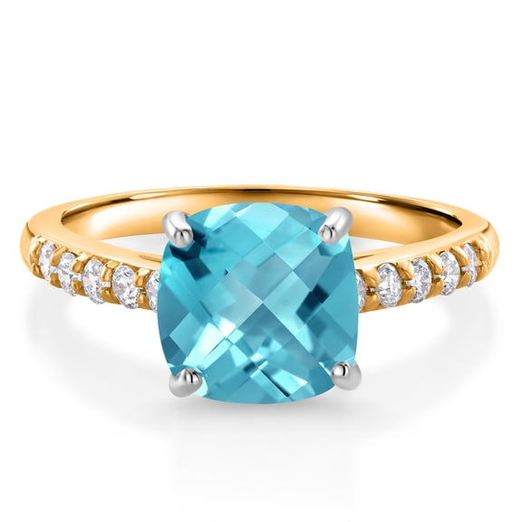 Gem Stone King 10K Yellow Gold Swiss Blue Topaz and White Lab Grown Diamond Engagement Ring for Women (2.95 Cttw, Cushion Checkerboard 8MM, Gemstone November Birthstone, Size 7)