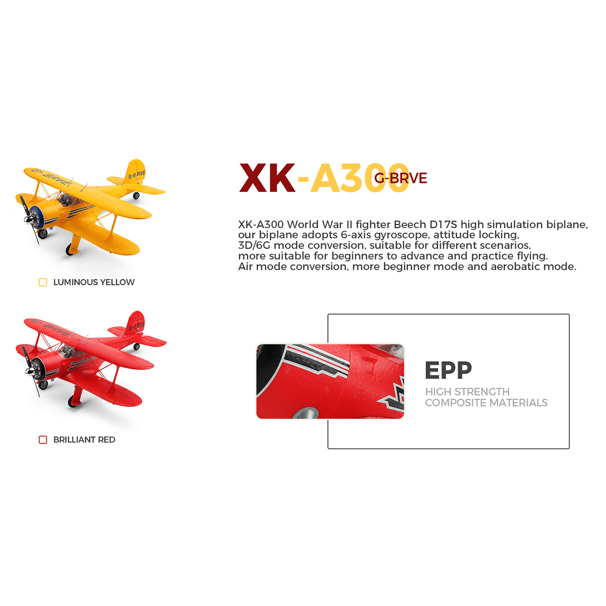 XK A300 Beech D17S Biplane RC Airplane for Adults, 3D/6G Gyro 2.4GHz 4CH Brushless Motor 550mm Wingspan EPP Foam Fixed Wing RTF Remote Control Aircraft with LED Lights Quick Release (Red)