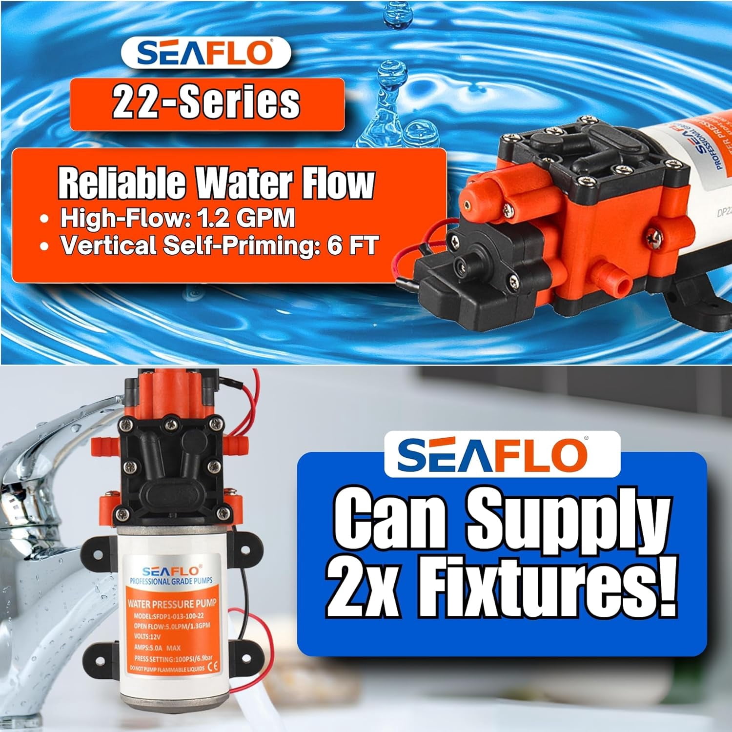 SEAFLO 22-Series 12V Water Pump – 1.3 GPM, 100 PSI | On-Demand Diaphragm Pump for RV, Marine, Agriculture & Off-Grid Use