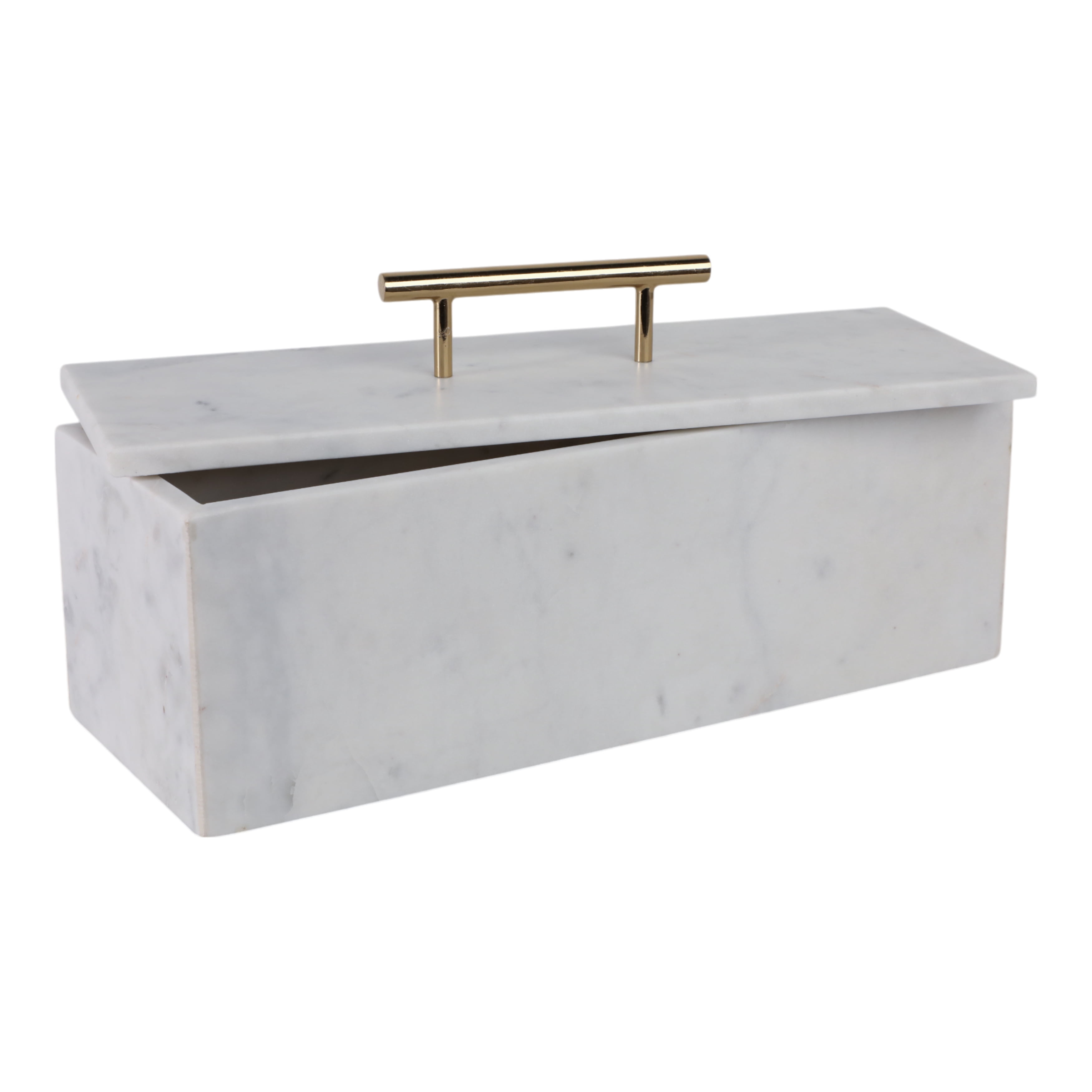 Decorative Marble Rectangular Box with Handle for Home Decor - Modern Organizer for Jewelry and Keepsake Storage - Decor Box for Bedroom, Living Room, and Shelf Accent - 8", White & Gold