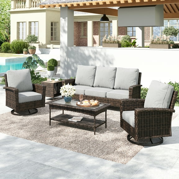 Summit Living 5-Seat Wicker Patio Furniture Set with 2 Swivel Chairs & 3-Seat Sofa with 2 pieces Coffee Table, Outdoor Rattan Sectional Conversation Set, Light-gray