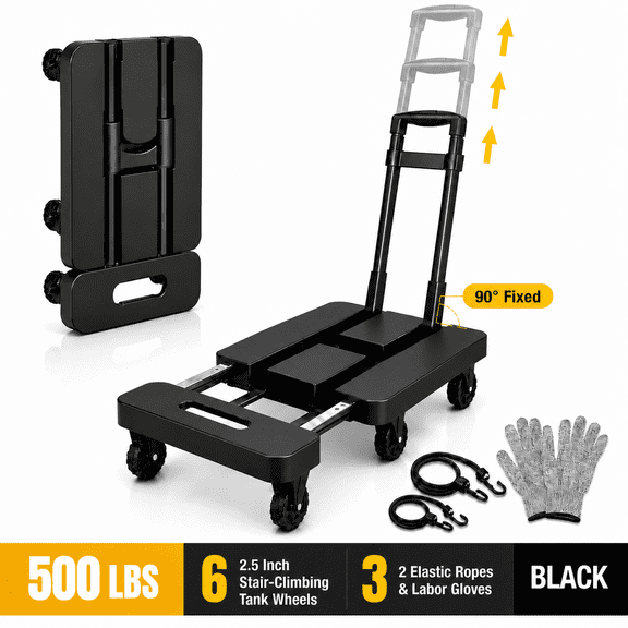 Icreopro Folding Hand Truck, 500 lbs Heavy Duty Dolly Cart, 6 Stair Climbing Wheels, Telescopic Handle, Utility Cart for Moving Shopping Travel, Black