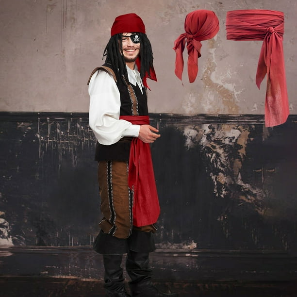 Xihbxyly Conjunto de Disfraz de Pirata para Halloween, Bandana y Cinturón de Lino Rojo, Accesorio Elegante para Un Look Moderno, Versátil para Fiestas de Halloween, Unisex, Talla Ajustable, 1 Pieza.