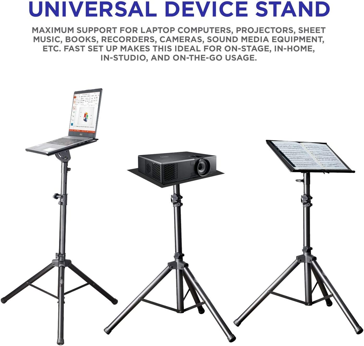 Professional Adjustable 32.3” – 52” Laptop DJ Mixer Tripod Stand | Lightweight & Portable 15.3” x 12.2” Tilted Tri-Pod Tray for Processors, Audio Controllers & Tablets | Raised Edges for Protection