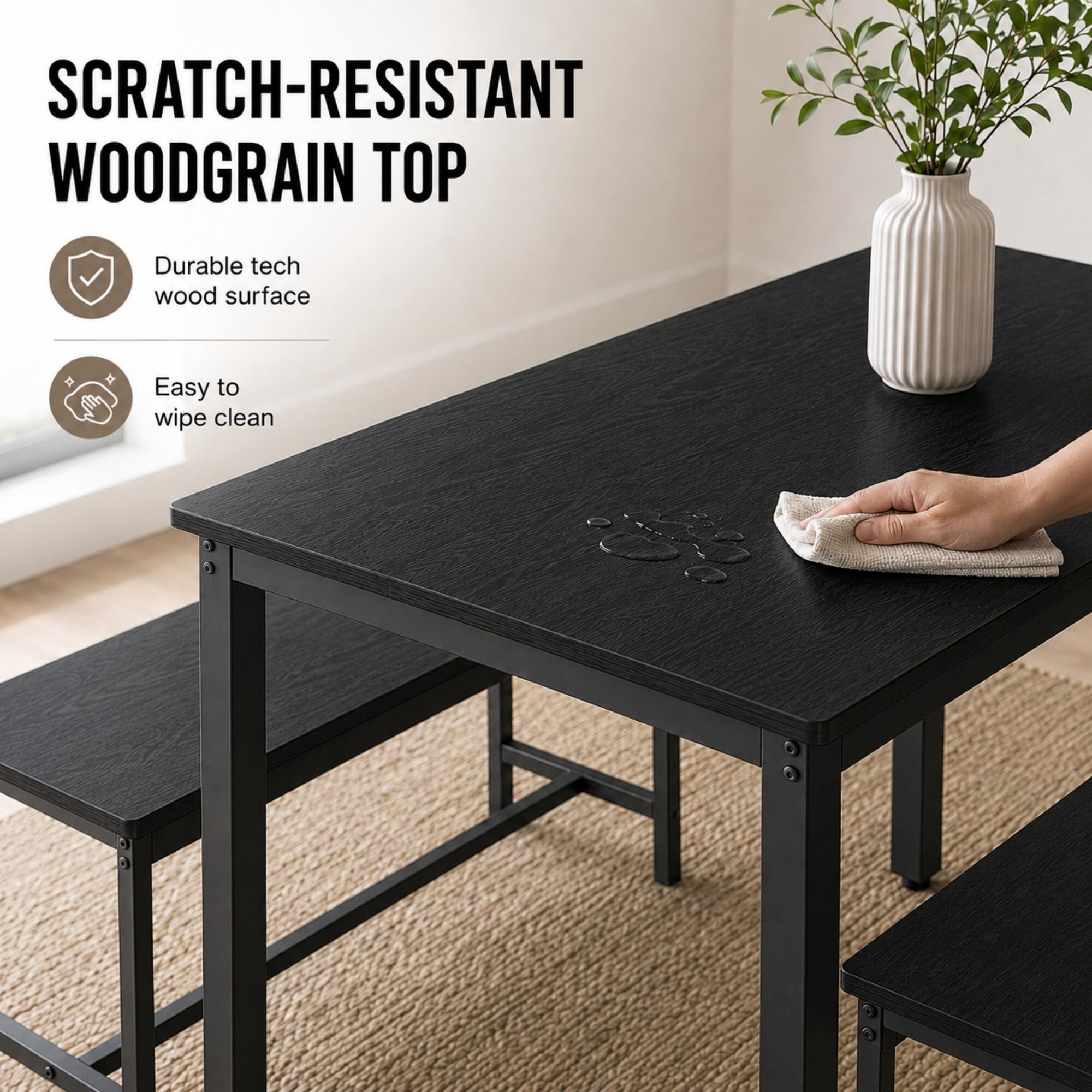 DEALTOPS 3-Piece Industrial Dining Table Set with 2 Benches – Compact Kitchen & Small Space Furniture, Black