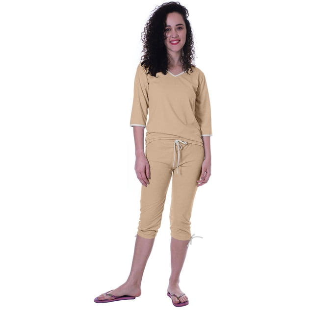 Moomaya Ensemble de Nuit Uni pour Femmes avec Capri en Coton, 2 Pcs de Chemises de Nuit