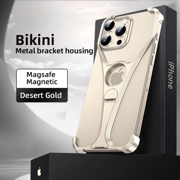 ELEHOLD Aluminum Alloy Frameless For iPhone 16 Pro Max, Compatible with Mag-Safe,Metal Magnetic Invisible Kickstand Metal Frameless Design Slim Fit Bumper Shockproof Case For iPhone 16 Pro Max,Gold