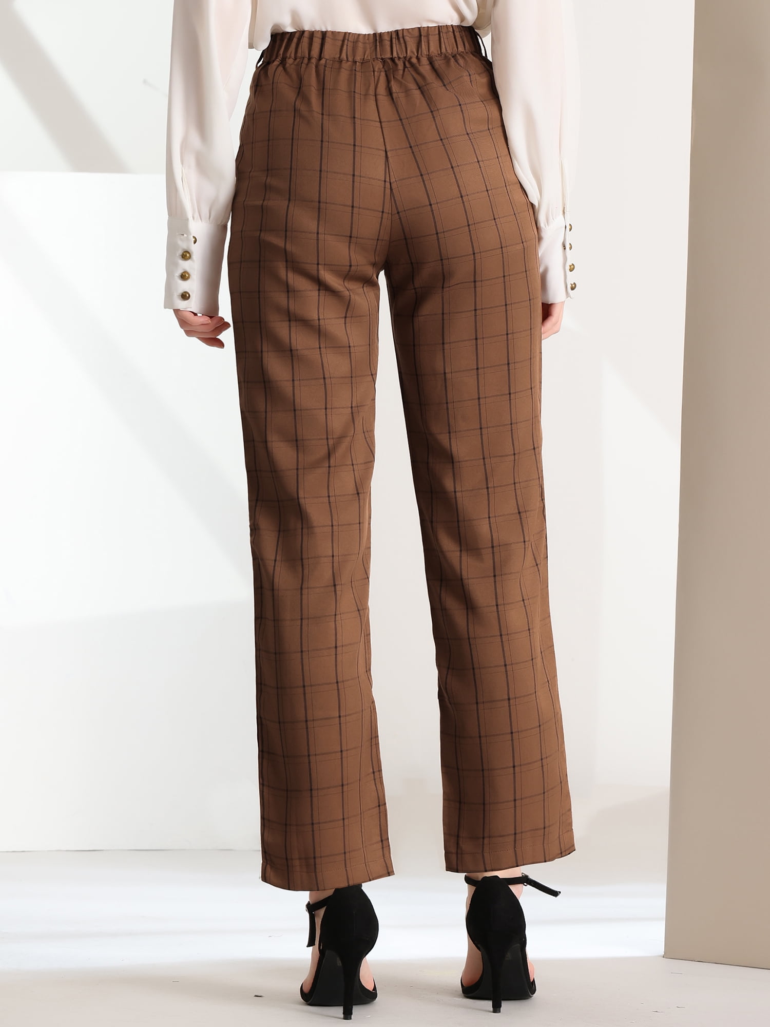 DARING DIVA Women's Plaid Trousers Pockets Straight Leg Casual Pant XS Dark Brown black
