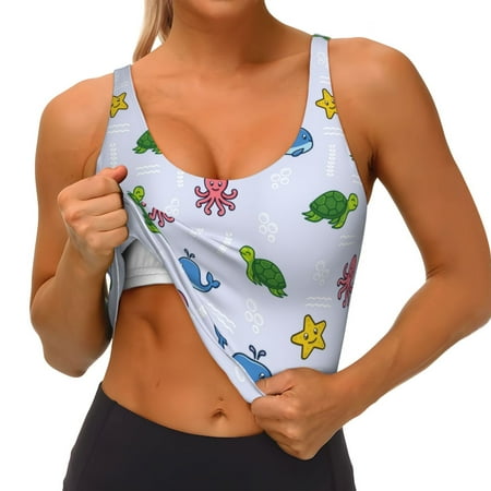 Qokaie Sea Turtle Whale Pattern Womens Scoop Neck Sports Bra Breathable Workout Vest Padded U Back Medium Impact Fitness Gym Yoga Bra Workout Crop Top