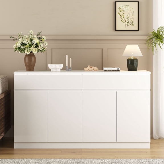 S-HOME Modern White Buffet Cabinet with 2 Large Drawers and 4 Doors, for Kitchen and Living Room Storage