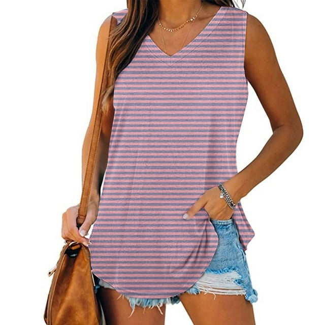 SwiftWear Womens Summer Striped Tank Tops Basic Tanks V Neck Sleeveless Long T Shirts Side Split Loose Going Out Blouse