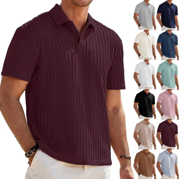 Men’s Loose Fit Knit Jacquard Polo Shirt with Button Front Short Sleeves and Classic Collar for Everyday Business Casual Style