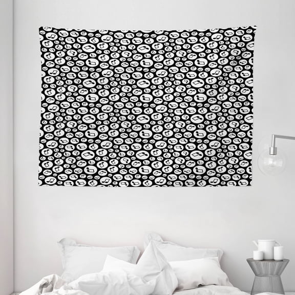 Music Tapestry, Fun Music Tones Pattern inside Circular Hoops Band Party Disco Tempo Punk Print, Wall Hanging for Bedroom Living Room Dorm Decor, 80W X 60L Inches, Black White, by Ambesonne