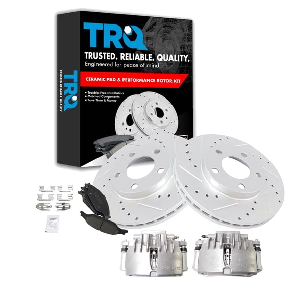 TRQ Front Performance Brake Pad & Rotor Kit Brake Caliper Brake Pads Brake Rotors Set Ceramic Vented Premium G-Coated Fits Select 2003-2004 Ford Mustang