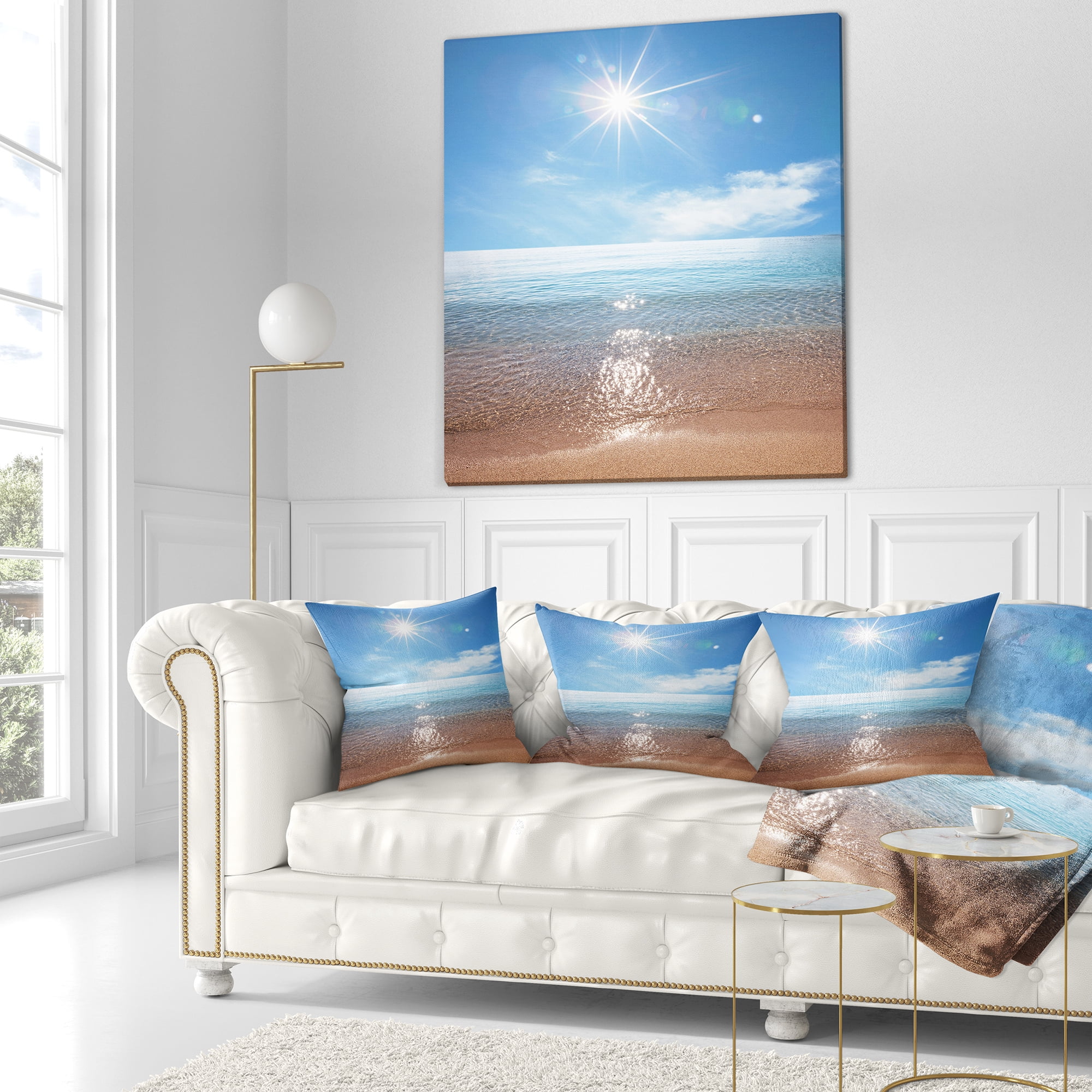 Designart Serene Seascape with Bright Sun - Modern Beach Throw Pillow - 18x18