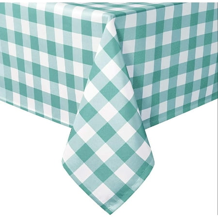 

60 x 84 Inch Checkered Tablecloth Rectangle - Waterproof and Wrinkle Resistant Table Cloth for Picnic Dinner and Party Washable Polyester Fabric Aqua and White Gingham Pattern