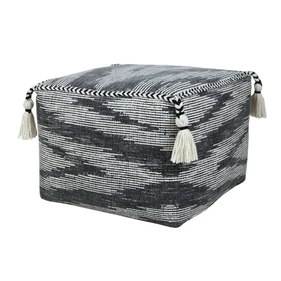 LR Home Small Tassels Chevron Indoor Square Pouf, Gray/Ivory, 18" x 18" x 14"