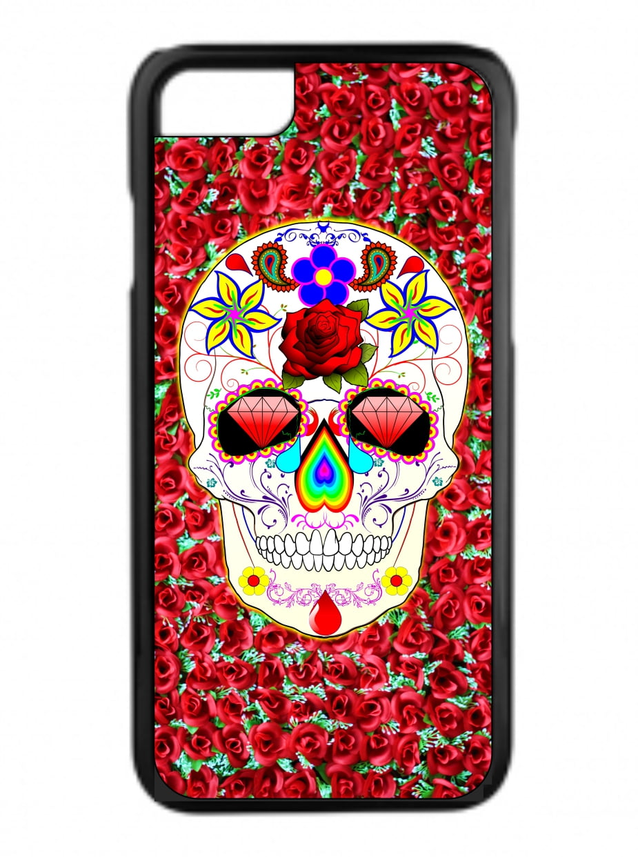Diamond Floral Patterned Sugar Skull on Roses Print Design Black Diamond Floral Patterned Sugar Skull on Roses Print Design Black