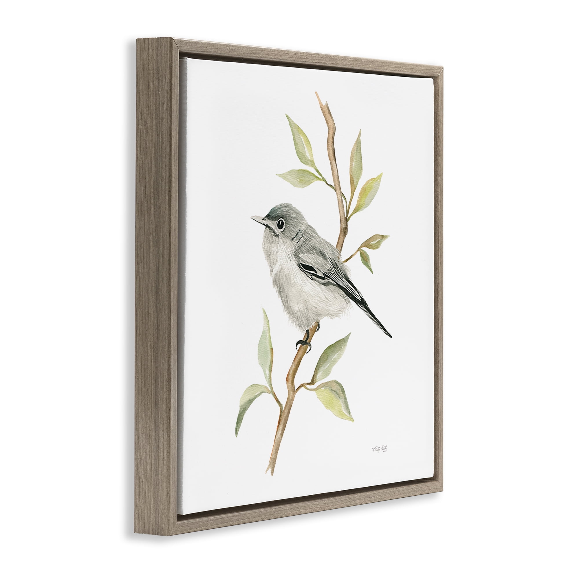 Stupell Industries Bird on Simple Branch Animals & Insects Painting Brown Floater Framed Canvas Art Print Wall Art, 18 x 18