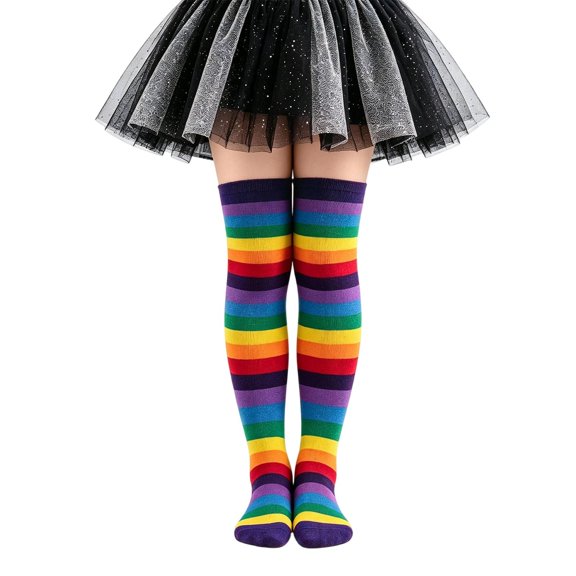 Whouriu Girls Rainbow Striped Over The Knee Socks Soft Polyester Stretchy Casual Dress Socks