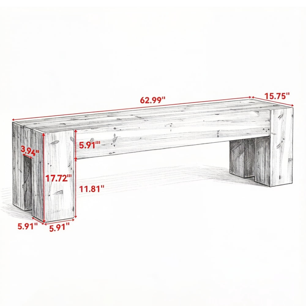 63" Solid Wood Bench, Farmhouse Entryway Bench, Multi-Purpose Shoe Bench, TV Stand & Extra Seating for Living Room Bedroom