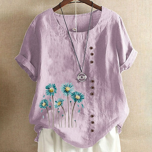 TopLLC Chemises Mexicaines pour Femmes Hauts Brodés Traditionnels Tunique Décontractée à Fleurs pour Femmes Col Rond Manches Courtes Chemises en Lin