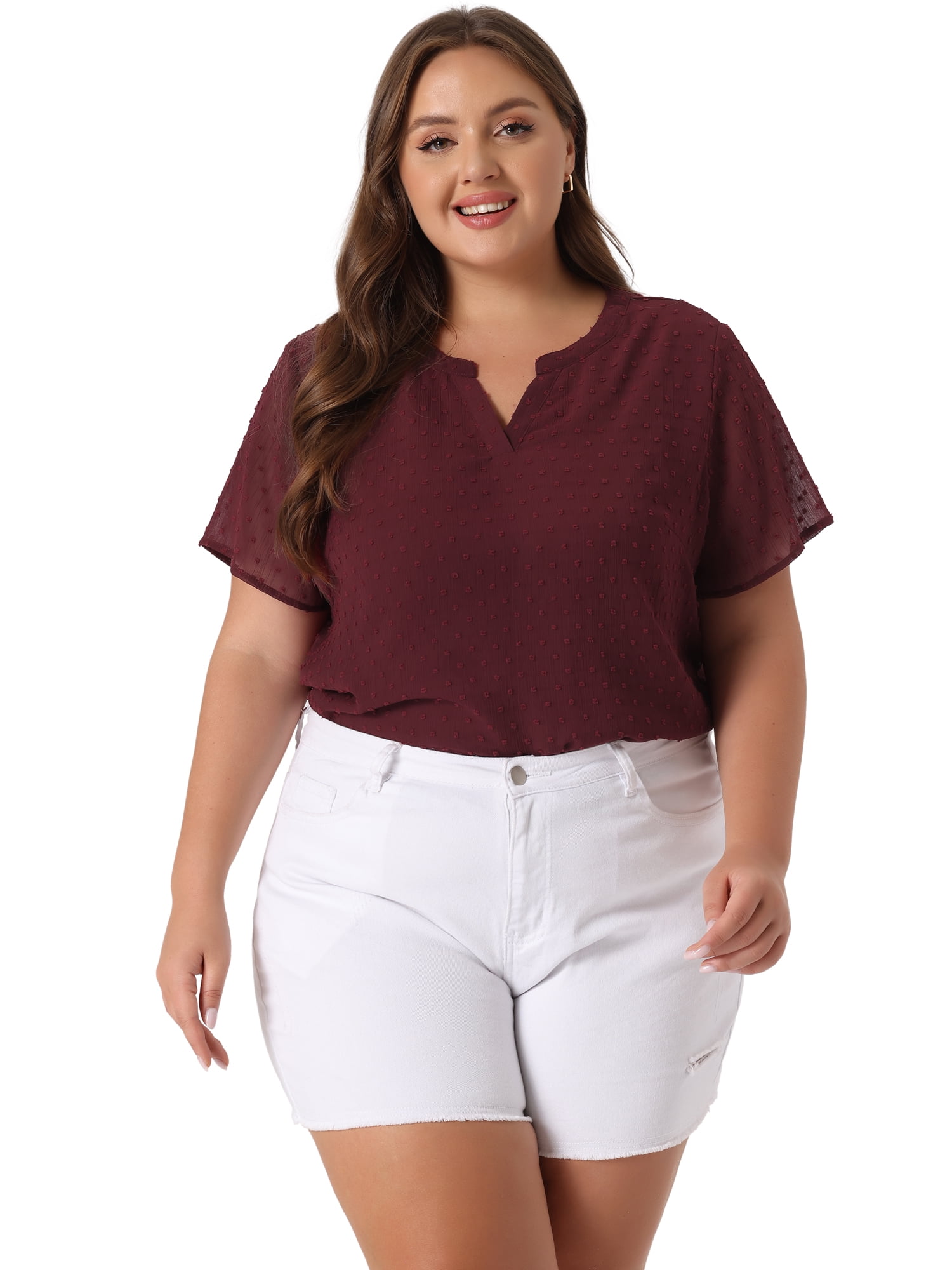 Unique Bargains Women's Plus Size Outfits Fashion Solid Pin Dots V Neck Top 1X Burgundy