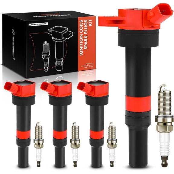 A-Premium (Red) Ignition Coil Pack and Iridium Spark Plugs Compatible with Hyundai & Kia Vehicles - Elantra 2012-2016 Coupe GT Tucson Forte Soul Rondo - 1.8L 2.0L 4 Cyl, Set of 4