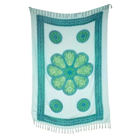 Rayon Wall Lighting - Sita Medallion Tapestry, Wall Hanging, and Bedspread (3 X 5.5 Feet, White and Teal, 100% Rayon)