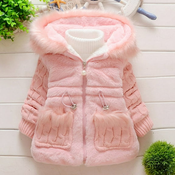 VKOYWKM Kids Girls Winter Coats Faux Fur Hooded Jackets Thicken Fuzzy Fleece Jacket Coats Pink Long Sleeve Zip Up Jackets with Pockets
