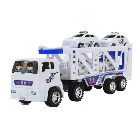 Large Double Deck Trailer With Four Mini Police Cars To Transport Big Truck toys 2019