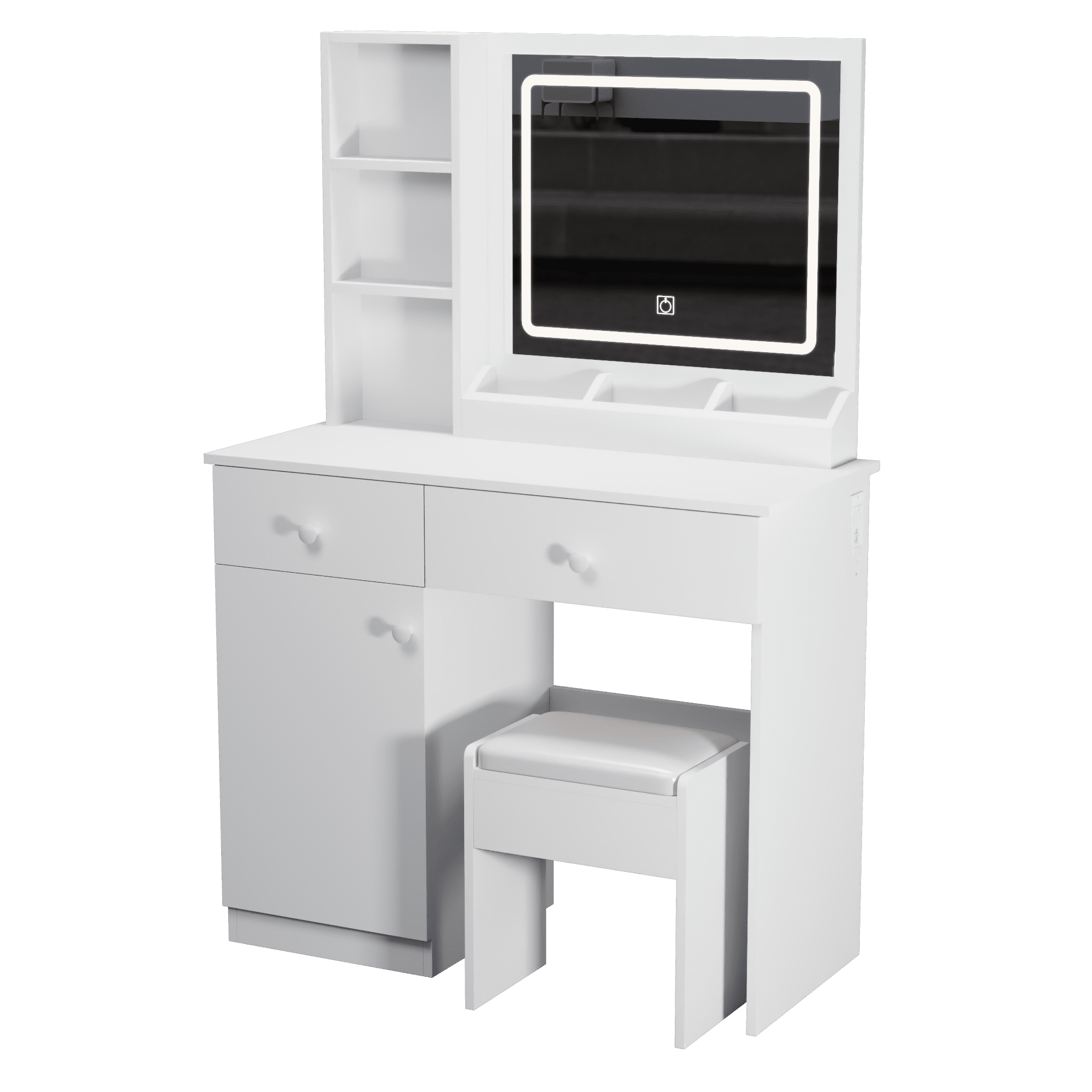 Mintazer Dressing Table with LED Mirror, Divided Drawers & Side Cabinet, Cosmetic Vanity Desk with Padded Stool & Open Storage Shelves for Bedroom Apartments, White