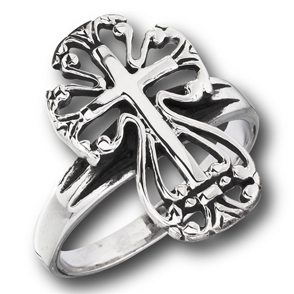 Victorian Filigree Christian Cross Wide Ring Stainless Steel Band Gray ...