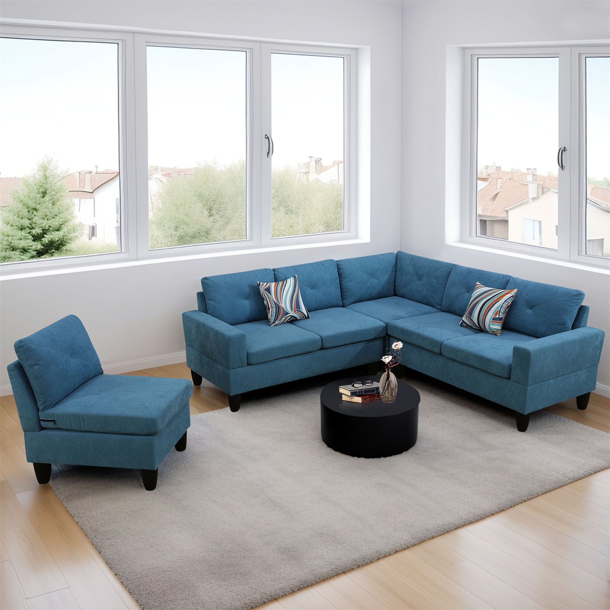 Aukfa 6-Seater L Shaped Sectional Sofa Modular Couch for Living Room, 2 Pillows, Flannel, Blue